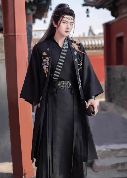 竹影　竹紋交領長衫刺繍比甲 白黒色トップスとアウター　メンズ　コスプレ漢服　和装 竹影 竹紋交領長衫刺繍比甲 白黒色トップスとアウター メンズ