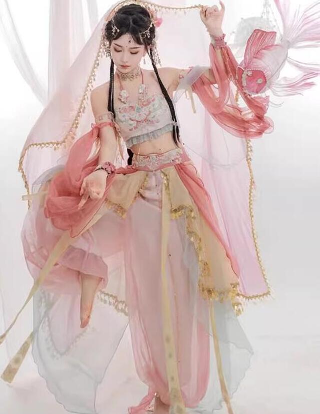 アラビアン コスプレ衣装 中華風 大人 中華 敦煌 飛天 漢唐古典風 ダンス衣装 ベールとリボンの姫袖付き ひらひらの5点セット コスチューム衣装 可愛い衣装 撮影 出演 中華 パフォーマンス ダンス衣装 S M L