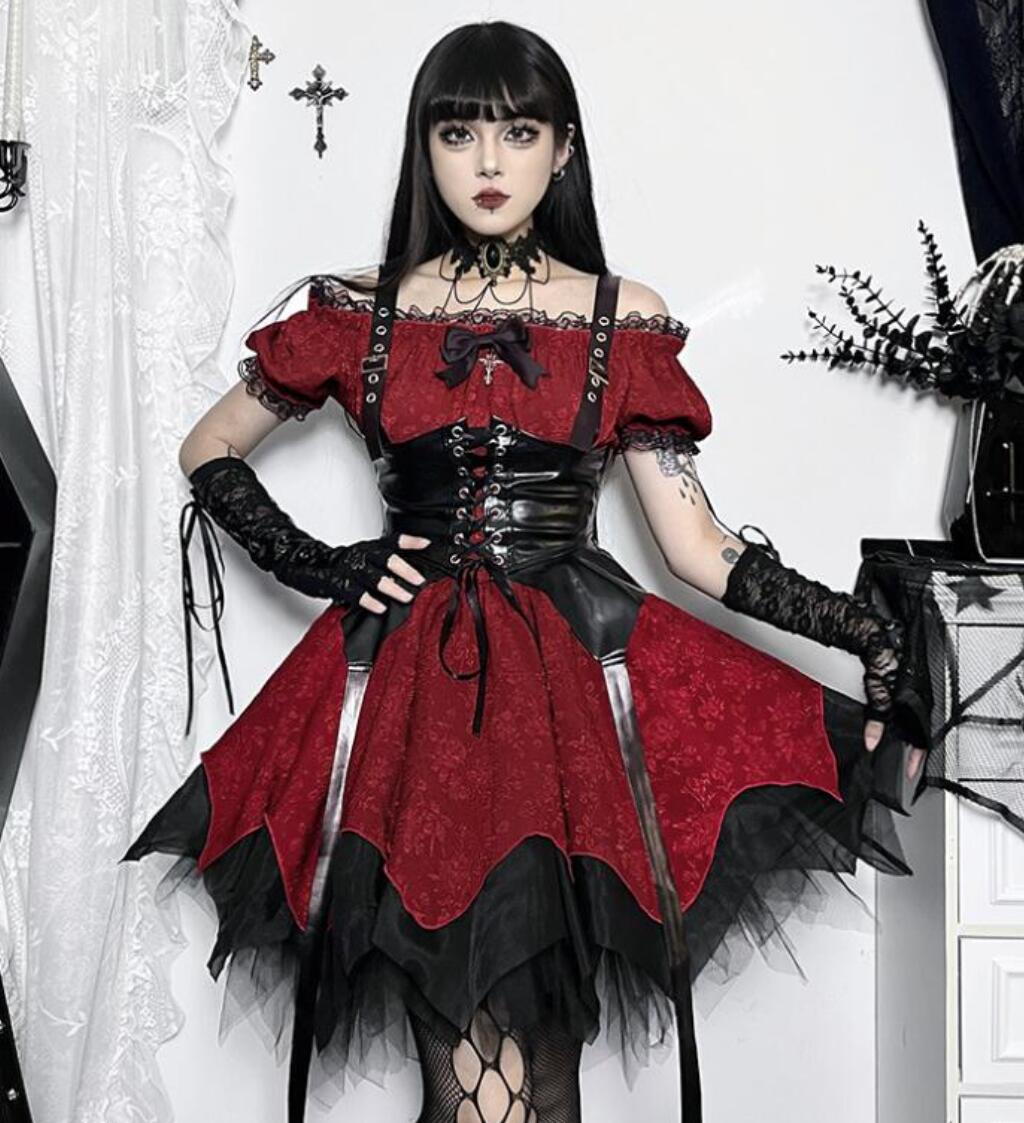 ハロウィン コスプレ衣装 ハロウィン ショート丈ワンピース 欧米風 ワンピース 女性 大人 ゴシック 暗黒風ワンピース ボートネックドレス PUベスト レディース 変身仮装 ハロウィン イベント 学園祭 文化祭 舞台演出服　S M L