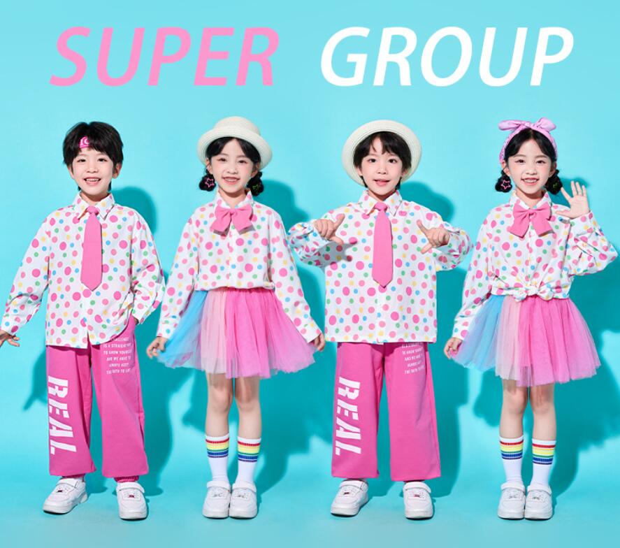 チアガールダンス 水玉柄シャツ チュールスカート 子供ダンス衣装 ロングパンツ 子供ダンス衣装 女子 男子兼用ダンス衣装 チアガールダンス キッズ セットアップ 長袖シャツトップス おしゃれ チア チアガール hiphop韓国風ジャズダンス 発表会 演出服 団体服 練習着画像