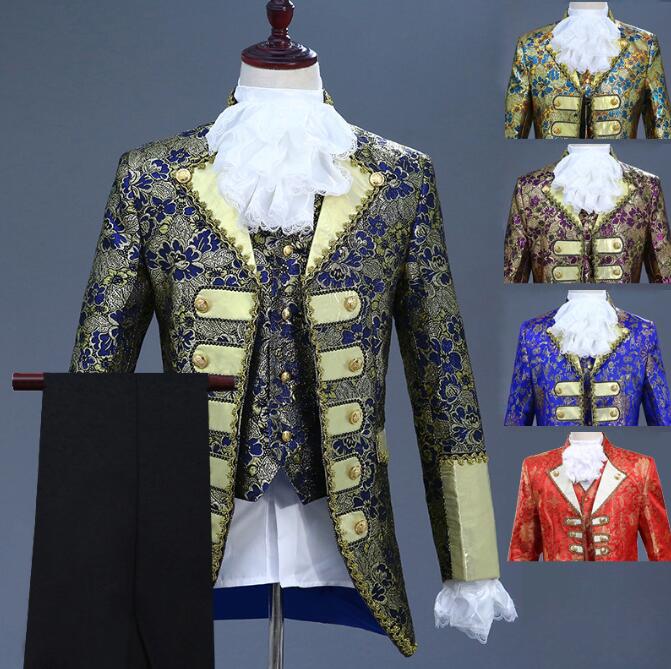 男性用ステージ衣装 スーツセット 王子 欧米宮廷風演出服6点セット 長袖 キルティング刺繍 5色スーツジャケット 黒ズボン 総柄ベスト フリルつけ襟 つけ袖 ミュージカル 衣装 王子様 コスプレ 仮装 変装 イベント 学園祭 舞台衣装 メンズ 大人 コスチューム XS～XL