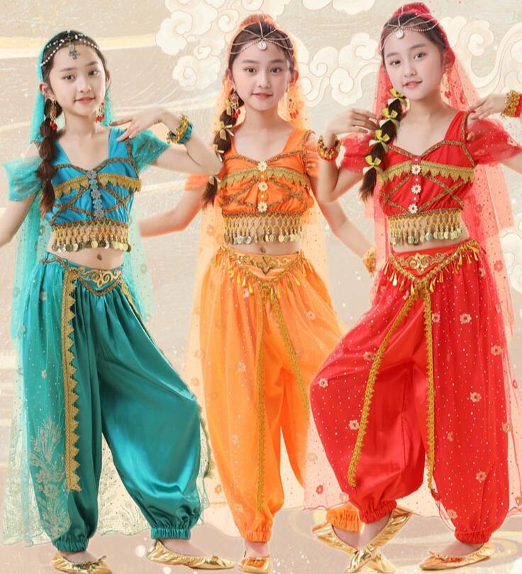 キッズダンス衣装 子供 アラジン ジャスミン風 ベリーダンス衣装 3色 大人サイズあり 女の子ダンス衣装 お姫様 キラキラ アラビアン 全身コスチューム コインストラップ付きトップス スカーフ付き パフォーマンス 余興 ダンス コスプレ衣装 身長100～160cm ベール 髪飾り画像