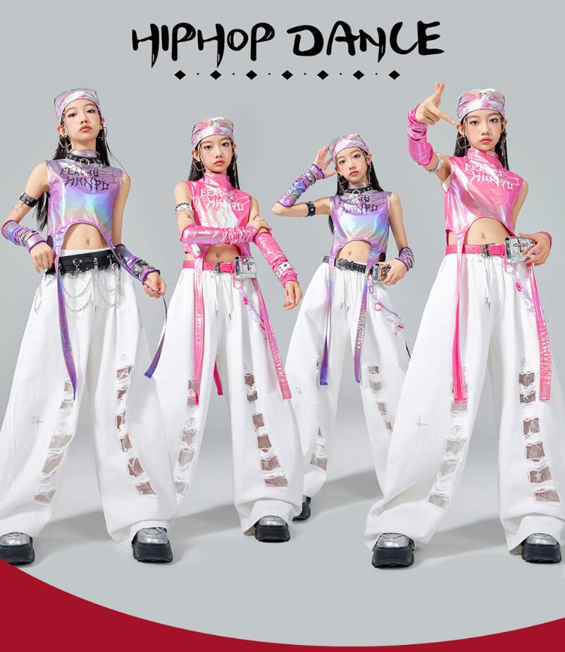 ジャズダンス衣装 パープル/ピンクトップス ジャズダンス衣装 光沢感あり セットアップ 白穴付きパンツ モデルショー 子供ダンス衣装ヒップホップ hiphop k-pop 110-180演出服 団体服 練習着 応援団 原宿子供ダンス衣装 チアダンス服 結婚式 演出服 舞台服 発表会 普段着