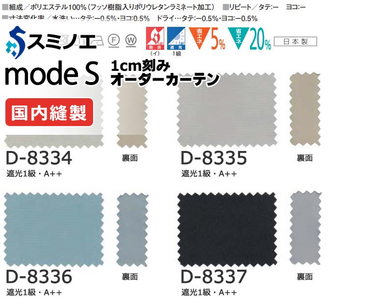 スミノエ 購入注文覆い布 モードエス サンシャドー D-8334～D-8337 サンシャドー仕立てもの（約2倍ヒダ） A タテ使い走り 幅210x高さ240糎まで