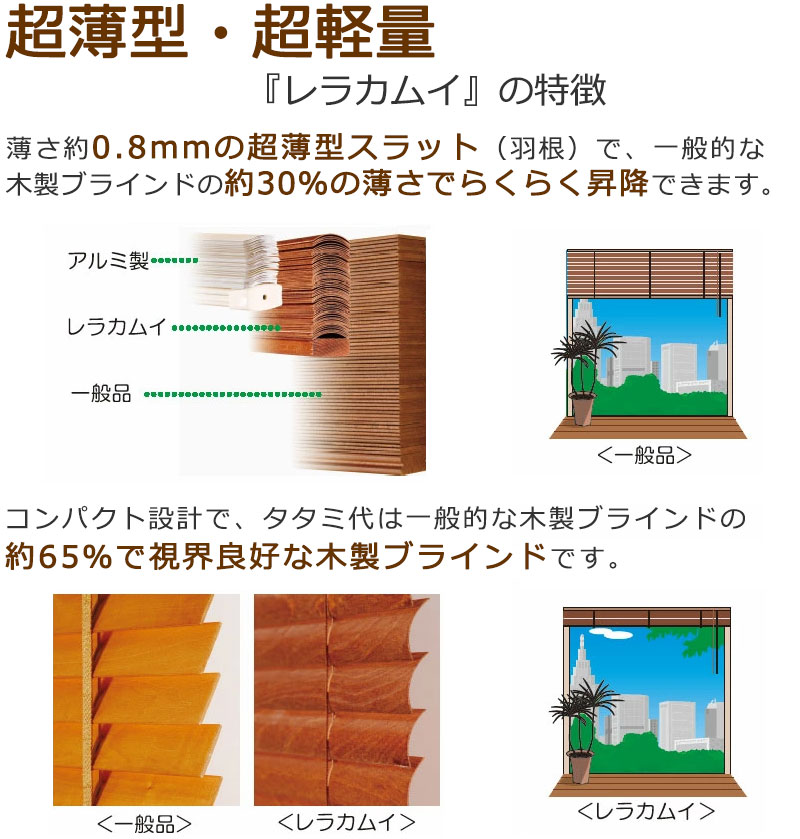 【スーパーSALE】ウッドブラインド超薄型・超軽量の木製ブラインド【レラース】圧着加工した天然木にアール面を施してあるため調光性が抜群幅60X高さ110cmまで
