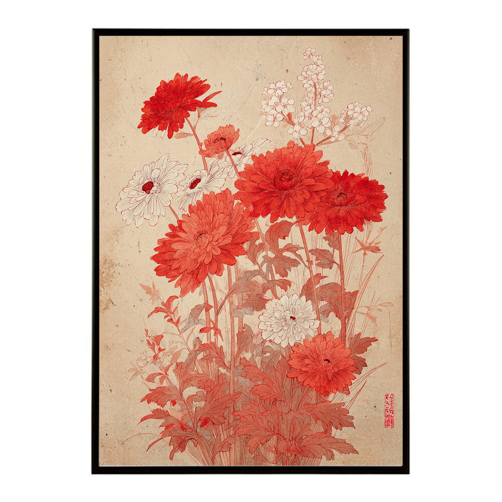 レトロフラワー 花 浮世絵 古典 花札 植物 ボタニカル リース ブーケ ポスター 用紙とサイズが選べる インテリア おしゃれ プリントポスター 【km-poster-112】
