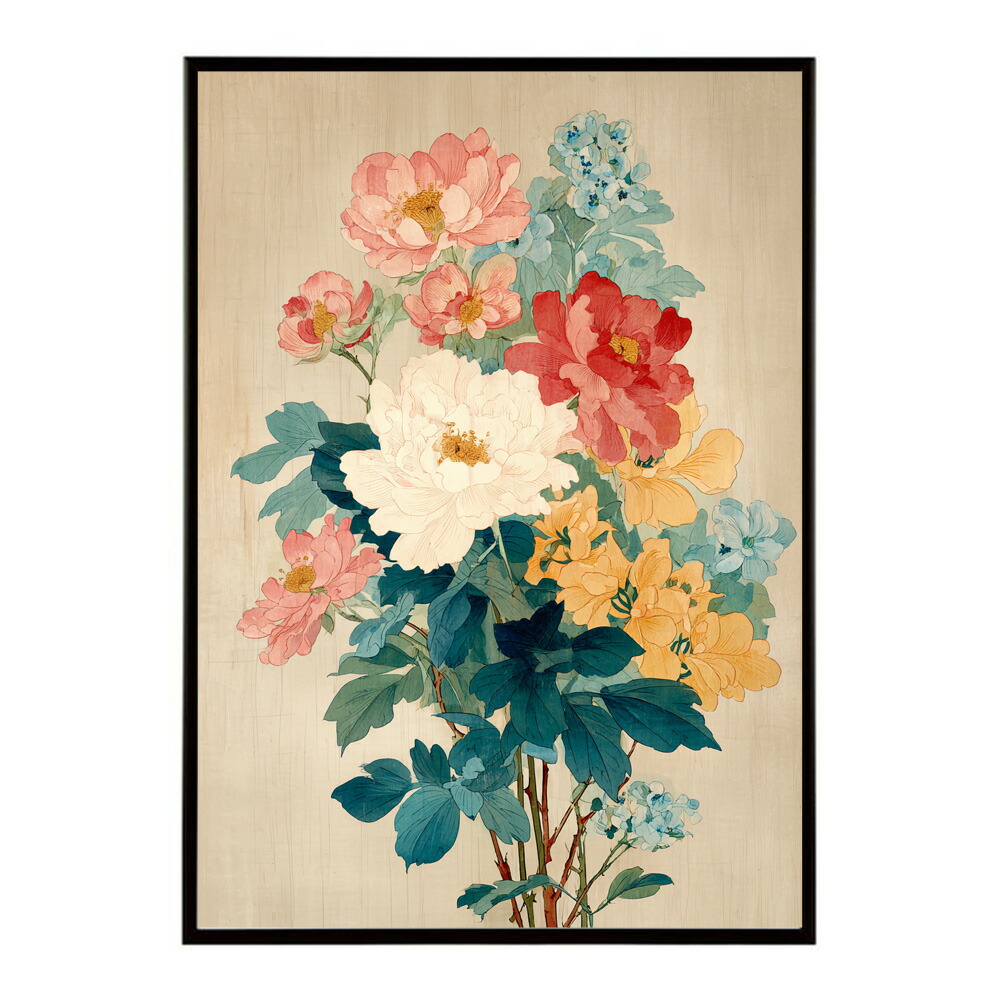 レトロフラワー 花 浮世絵 古典 花札 植物 ボタニカル リース ブーケ ポスター 用紙とサイズが選べる インテリア おしゃれ プリントポスター 【km-poster-12】