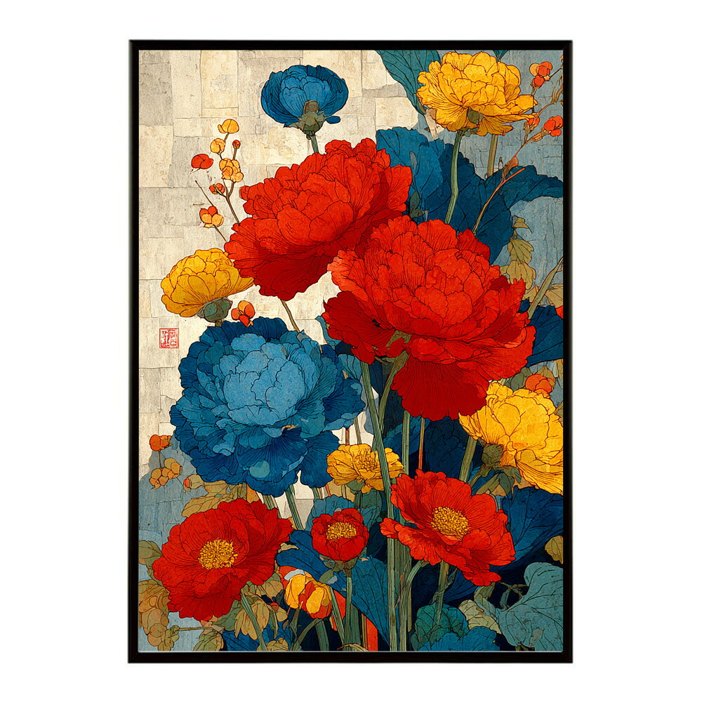 レトロフラワー 花 浮世絵 古典 花札 植物 ボタニカル リース ブーケ ポスター 用紙とサイズが選べる インテリア おしゃれ プリントポスター 【km-poster-86】