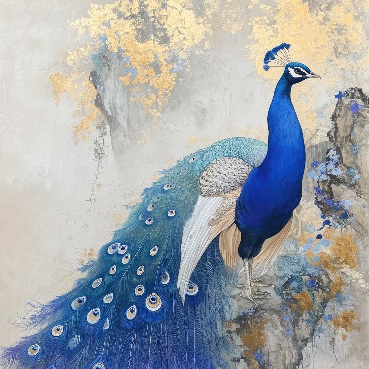 縁起物 孔雀 クジャク 正方形ポスター 豪華 絵画風 掛け軸風 浮世絵 金運 開運 グッズ 魔除け 鬼門 風水 幸せ 幸福 金 ゴールド 福 四角 デザイン ポスター スクエア インテリア デザイン プリント お洒落 かっこいい【sq-poster-1414】