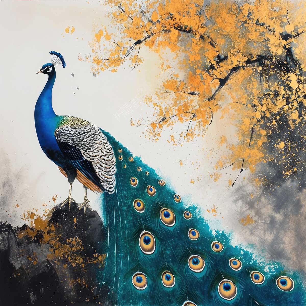 縁起物 孔雀 クジャク 正方形ポスター 豪華 絵画風 掛け軸風 浮世絵 金運 開運 グッズ 魔除け 鬼門 風水 幸せ 幸福 金 ゴールド 福 四角 デザイン ポスター スクエア インテリア デザイン プリント お洒落 かっこいい【sq-poster-1419】