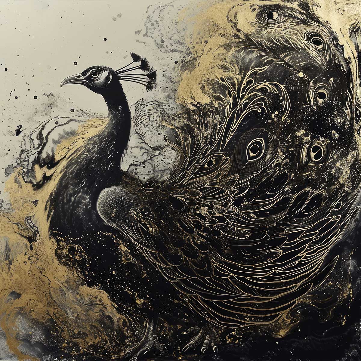 縁起物 孔雀 クジャク 正方形ポスター 豪華 絵画風 掛け軸風 浮世絵 金運 開運 グッズ 魔除け 鬼門 風水 幸せ 幸福 金 ゴールド 福 四角 デザイン ポスター スクエア インテリア デザイン プリント お洒落 かっこいい【sq-poster-1433】