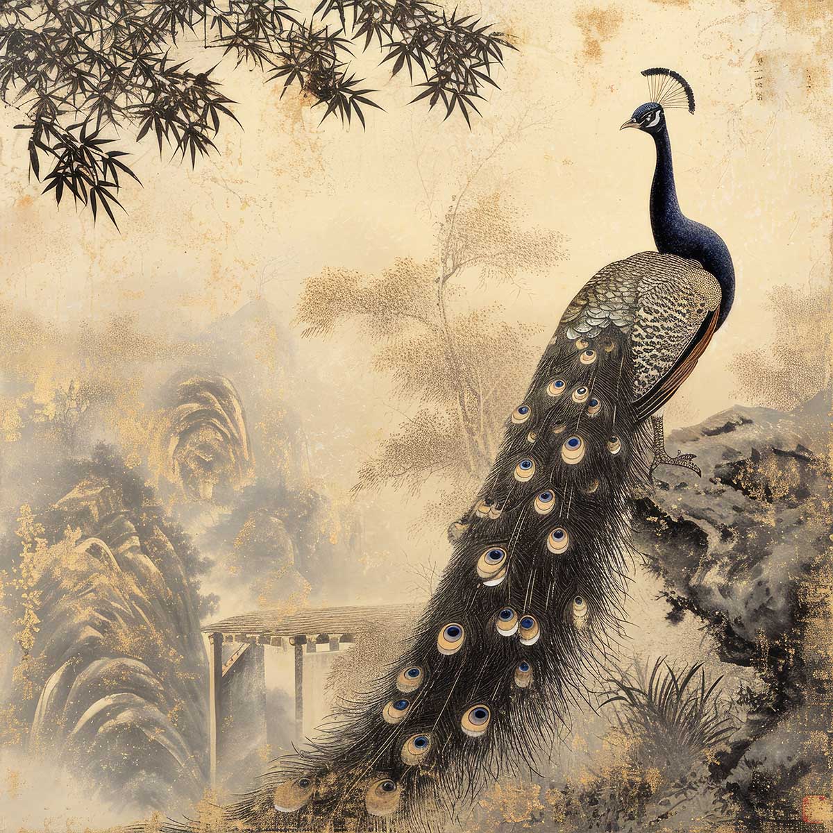 縁起物 孔雀 クジャク 正方形ポスター 豪華 絵画風 掛け軸風 浮世絵 金運 開運 グッズ 魔除け 鬼門 風水 幸せ 幸福 金 ゴールド 福 四角 デザイン ポスター スクエア インテリア デザイン プリント お洒落 かっこいい【sq-poster-1435】｜ファッションポスターEFPI