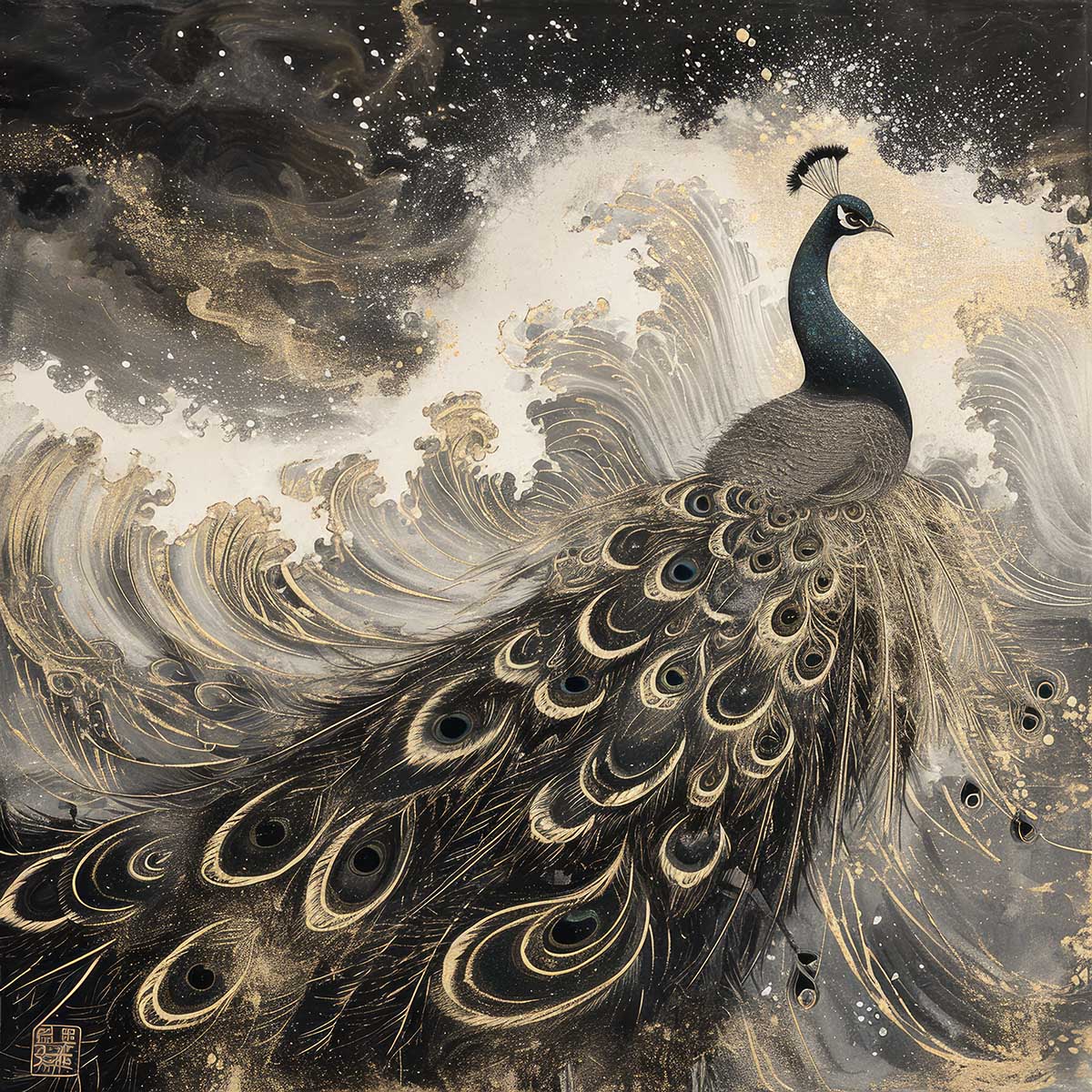 縁起物 孔雀 クジャク 正方形ポスター 豪華 絵画風 掛け軸風 浮世絵 金運 開運 グッズ 魔除け 鬼門 風水 幸せ 幸福 金 ゴールド 福 四角 デザイン ポスター スクエア インテリア デザイン プリント お洒落 かっこいい【sq-poster-1448】|ファッションポスターEFPI