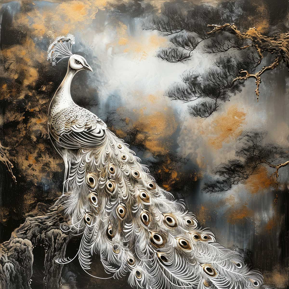 縁起物 孔雀 クジャク 正方形ポスター 豪華 絵画風 掛け軸風 浮世絵 金運 開運 グッズ 魔除け 鬼門 風水 幸せ 幸福 金 ゴールド 福 四角 デザイン ポスター スクエア インテリア デザイン プリント お洒落 かっこいい【sq-poster-1454】