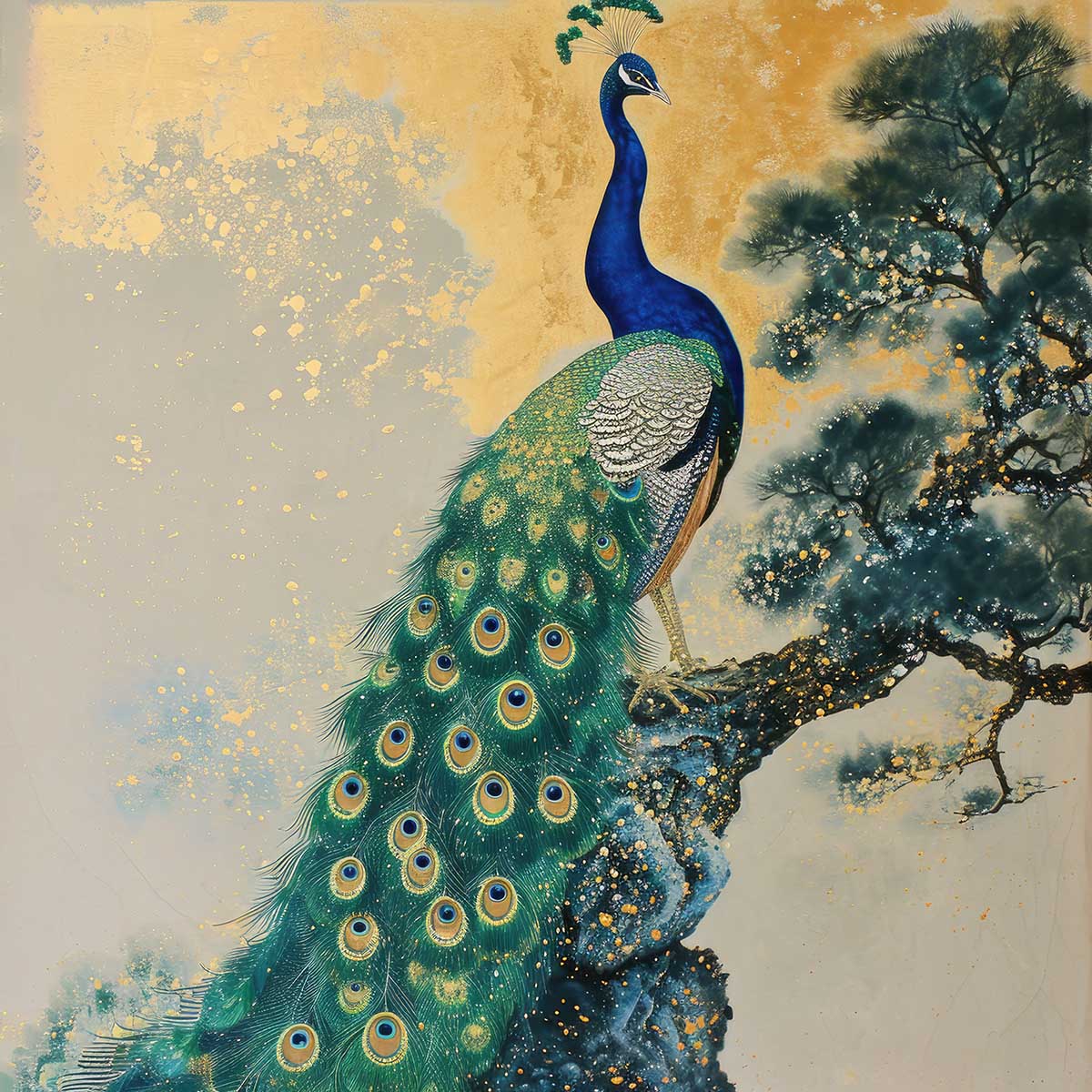 縁起物 孔雀 クジャク 正方形ポスター 豪華 絵画風 掛け軸風 浮世絵 金運 開運 グッズ 魔除け 鬼門 風水 幸せ 幸福 金 ゴールド 福 四角 デザイン ポスター スクエア インテリア デザイン プリント お洒落 かっこいい【sq-poster-1478】