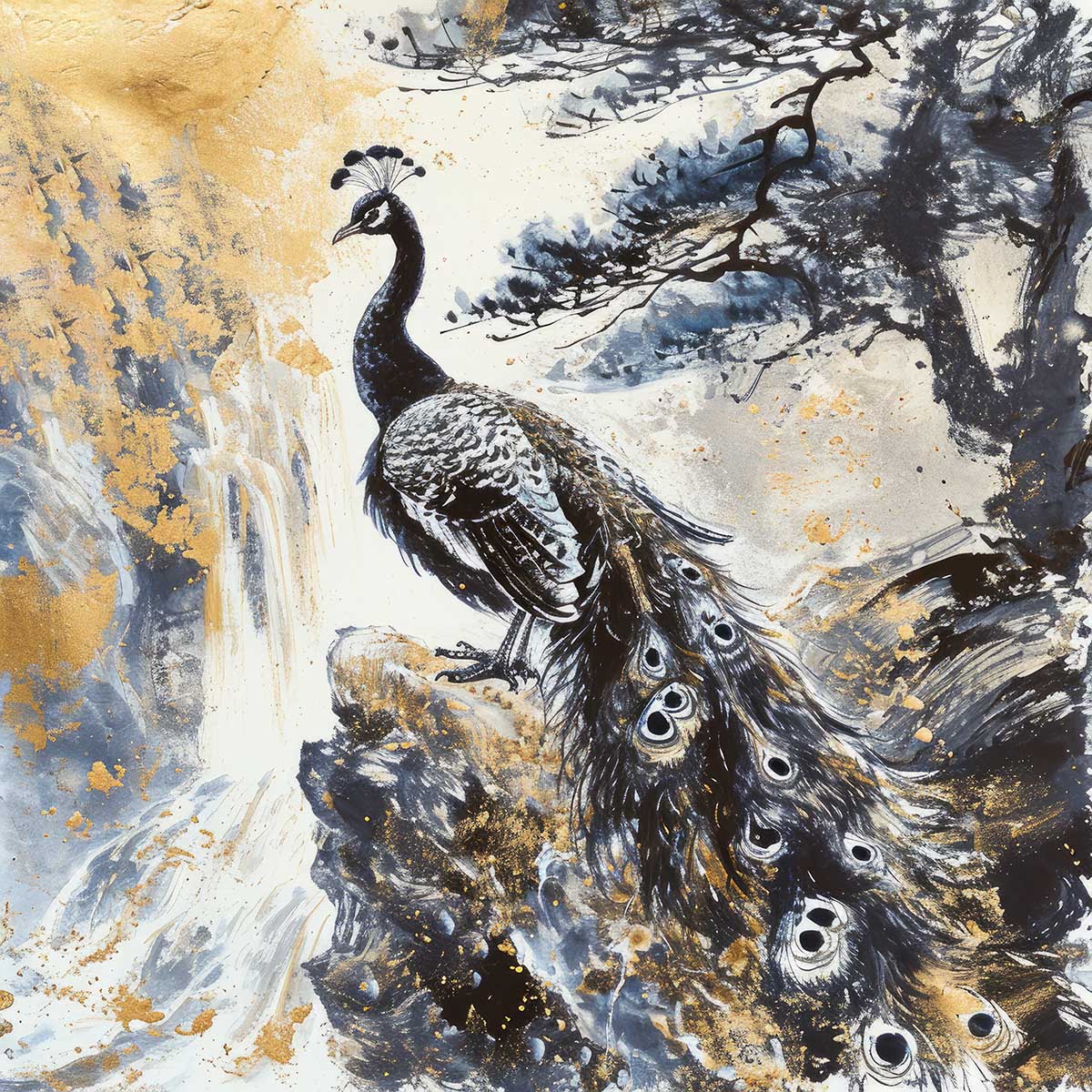 縁起物 孔雀 クジャク 正方形ポスター 豪華 絵画風 掛け軸風 浮世絵 金運 開運 グッズ 魔除け 鬼門 風水 幸せ 幸福 金 ゴールド 福 四角 デザイン ポスター スクエア インテリア デザイン プリント お洒落 かっこいい【sq-poster-1483】