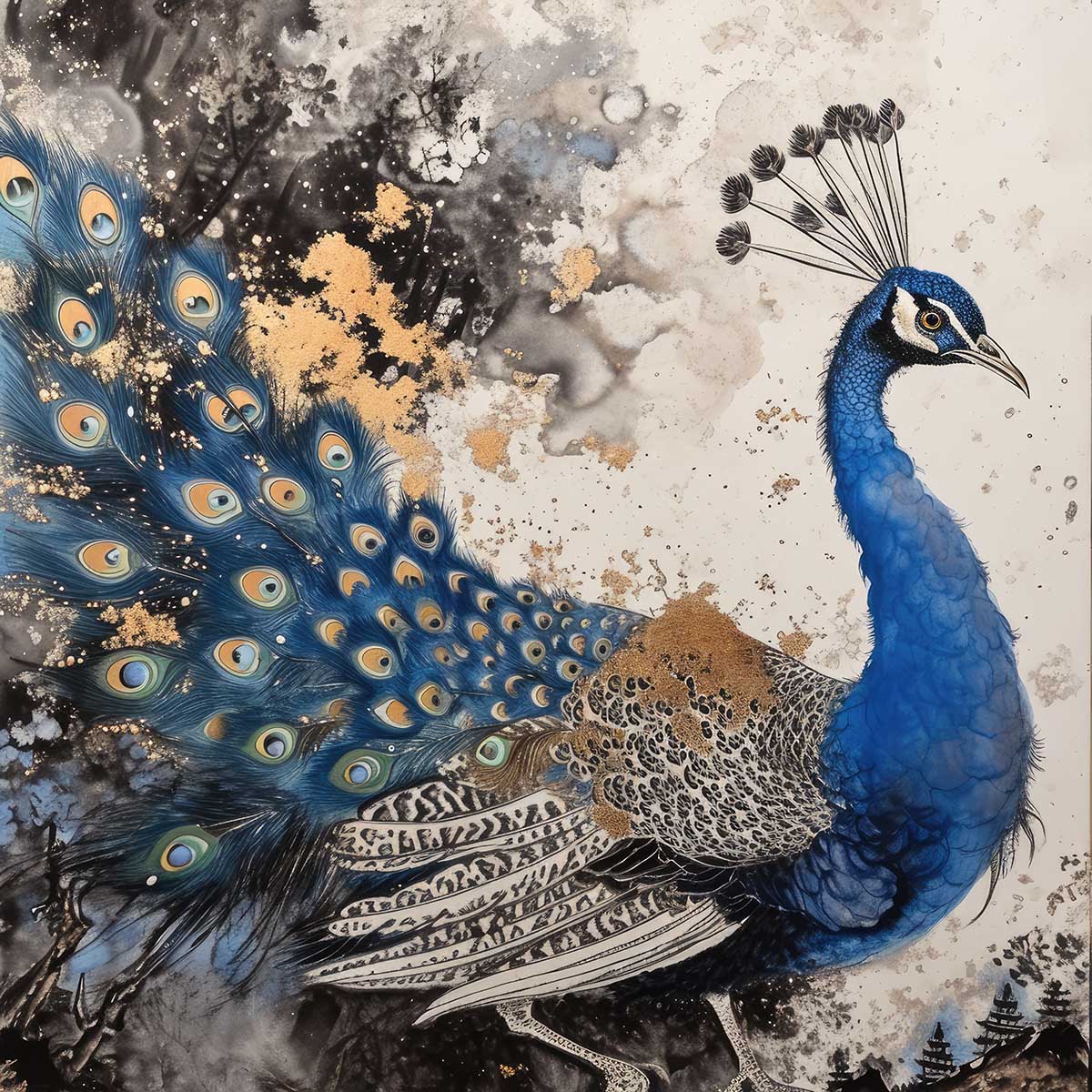 縁起物 孔雀 クジャク 正方形ポスター 豪華 絵画風 掛け軸風 浮世絵 金運 開運 グッズ 魔除け 鬼門 風水 幸せ 幸福 金 ゴールド 福 四角 デザイン ポスター スクエア インテリア デザイン プリント お洒落 かっこいい【sq-poster-1529】｜ファッションポスターEFPI