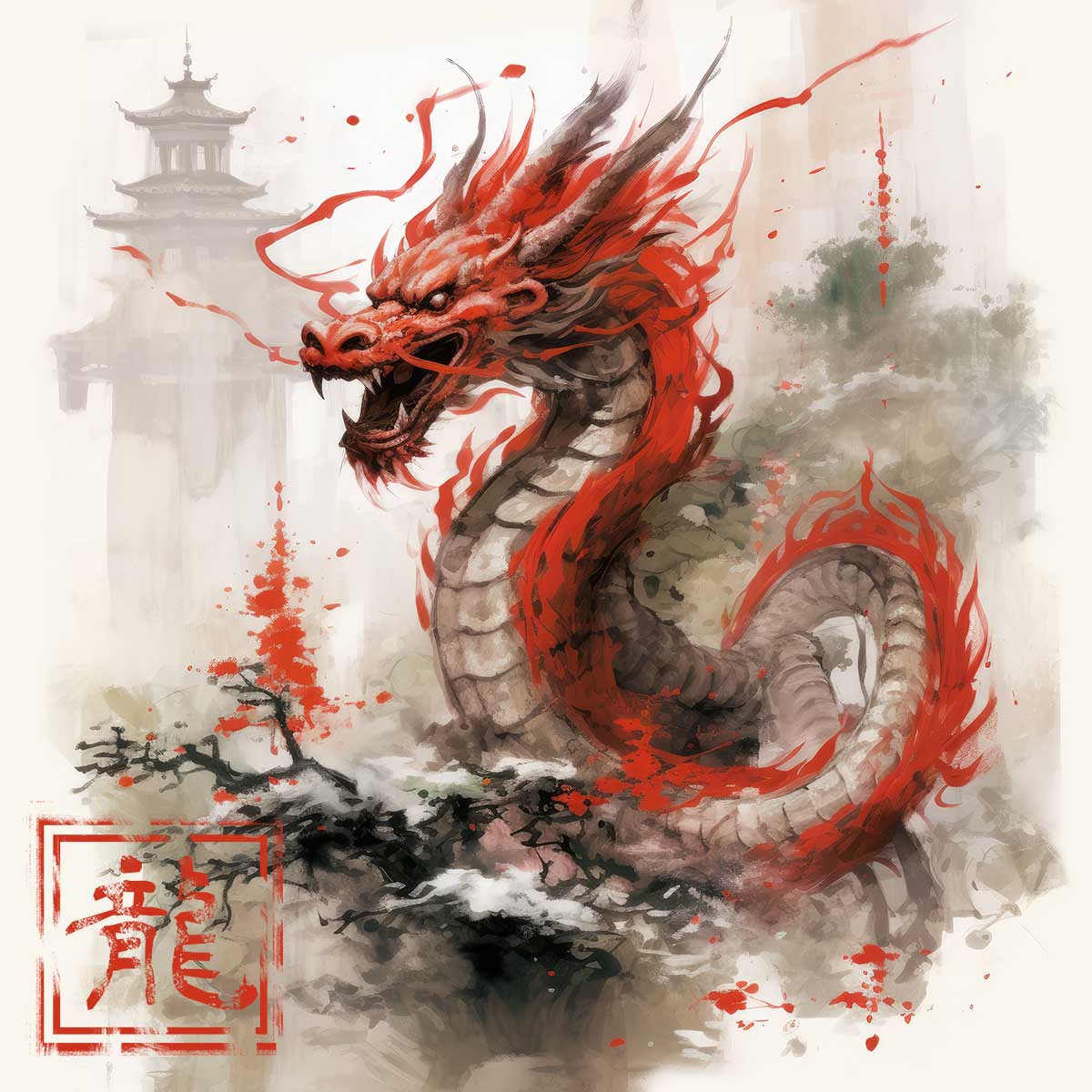 ドラゴン 辰年 龍 画 竜 竜神 正方形ポスター 干支 2024 縁起物 グッズ アイテム 竜神様 神龍 金運 幸福 四角 デザイン ポスター スクエア ５センチ刻みでサイズ豊富 インテリア デザイン プリント 絵画 オフィス 住宅 店舗 お洒落 かっこいい【sq-poster-763】