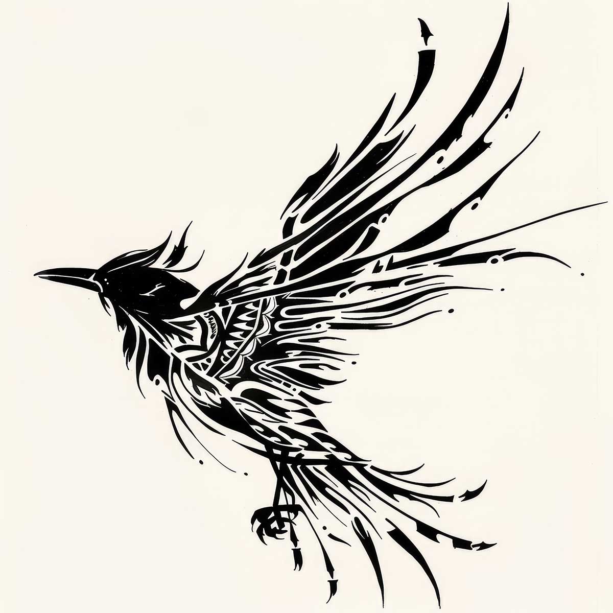 鳥 バード トライバル タトゥー 墨絵 白黒 モノクロ 版画 羽 フェザー 北欧 正方形ポスター 四角 デザイン ポスター スクエア インテリア デザイン プリント 店舗 お洒落 【sq-poster-2427】