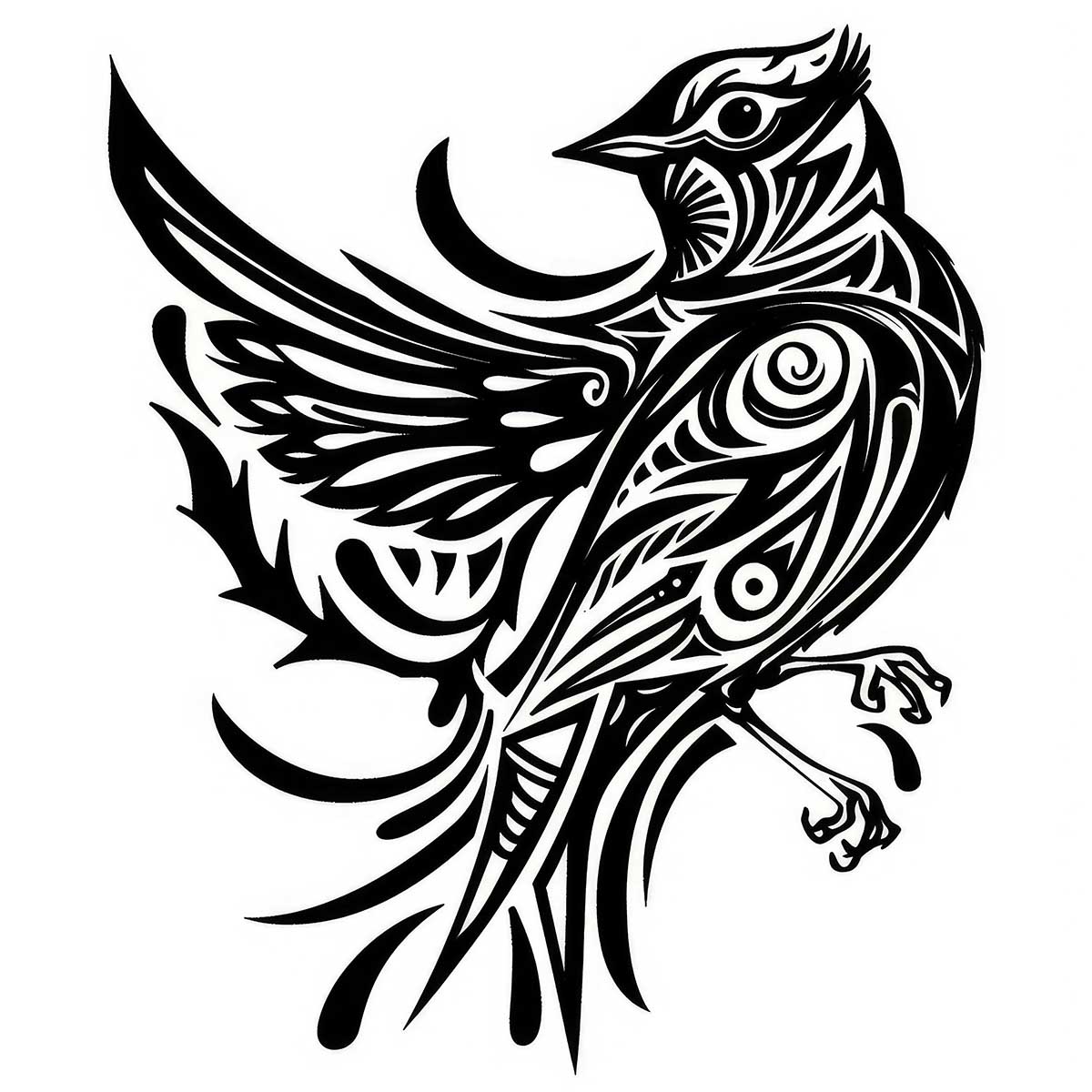 鳥 バード トライバル タトゥー 墨絵 白黒 モノクロ 版画 羽 フェザー 北欧 正方形ポスター 四角 デザイン ポスター スクエア インテリア デザイン プリント 店舗 お洒落 【sq-poster-2442】
