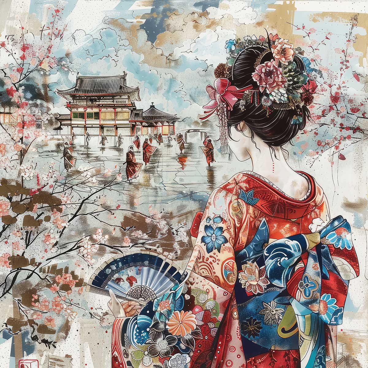 令和の浮世絵 和風 絵画 正方形ポスター 四角 版画 江戸 掛け軸 舞子 着物 女性 デザイン ポスター スクエア インテリア オフィス 住宅 店舗 お洒落 かっこいい【sq-poster-2773】｜ファッションポスターEFPI