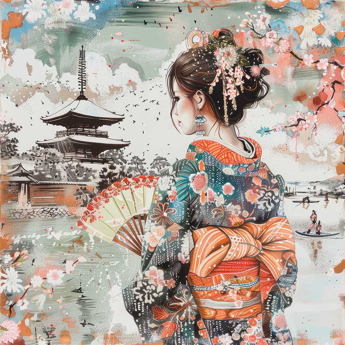 令和の浮世絵 和風 絵画 正方形ポスター 四角 版画 江戸 掛け軸 舞子 着物 女性 デザイン ポスター スクエア インテリア オフィス 住宅 店舗 お洒落 かっこいい【sq-poster-2780】