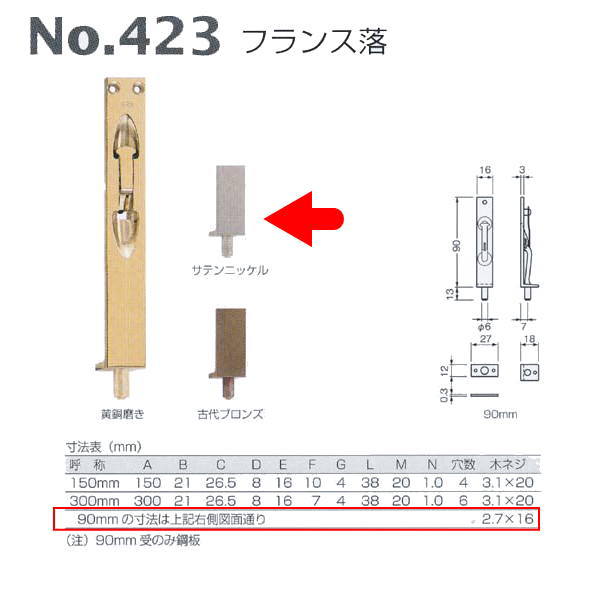 ベスト フランス落 423-90-1 サテンニッケル 90mm