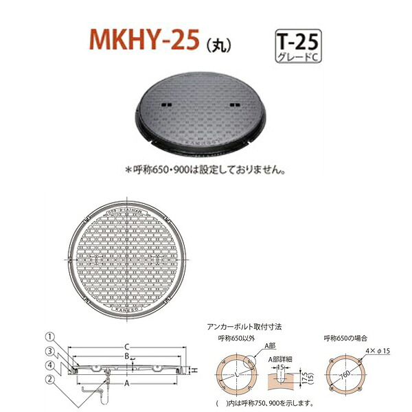 カネソウ マンホール・御手々大広間鉄蓋 飾り気の無い密閉形 （飾り気の無い雨合羽・防臭形） 丸枠 MKHY-25（丸） 600 a 鎖なし T-25 品位C