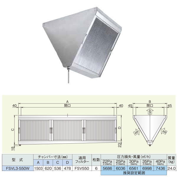 ホーコス 厨房用グリースフィルター 低圧損Vフィルター FSVL3-550W