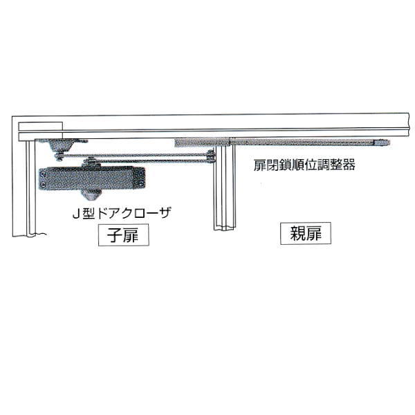 日本ドアチェック製造 ニュースター J型ドアクローザ 親子型 ストップなし 扉閉鎖順位調整器（SF-250F・SF-350F）併用＞ P-81J 子扉幅340～445