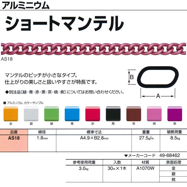 ニッサチェーン アルミニウム ショートマンテル AS18 1.8mm×30m巻