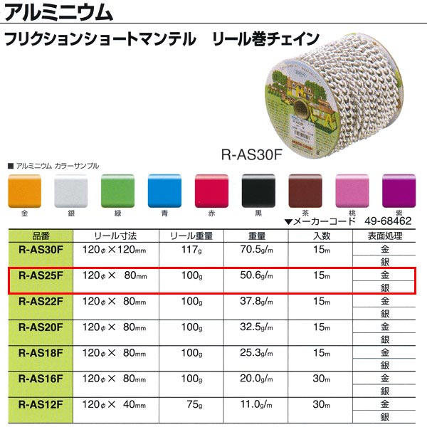 ニッサチェーン アルミニウム フリクションショートマンテル リール巻チェイン R-AS25F 2.5mm×15m巻