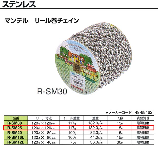 ニッサチェーン ステンレス マンテル リール巻チェイン 溶接あり R-SM25 2.5mm&times;15m巻｜イーヅカ