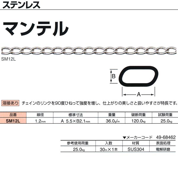 ニッサチェーン ステンレス マンテル 溶接あり SM12L 1.2mm×30m巻