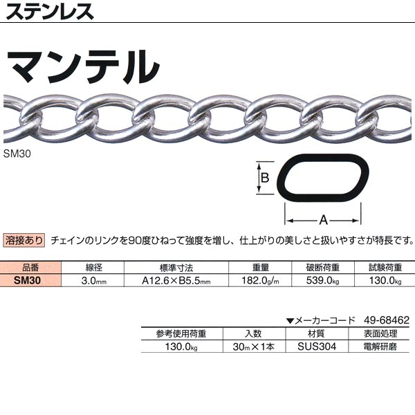 ニッサチェーン ステンレス マンテル 溶接あり SM30 3.0mm&times;30m巻｜イーヅカ