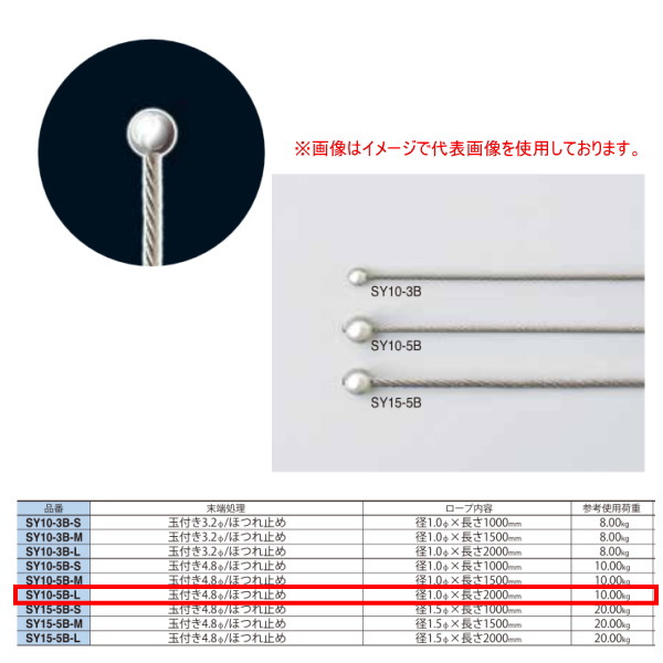 ニッサチェーン 玉付きワイヤーロープ SY10-5B-L 玉付き4.8Φ 長さ1.0Φ&times;2000mm 50本｜イーヅカ