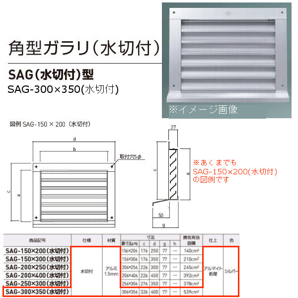 神栄ホームクリエイト 角型ガラリ SAG型 アルミ製 シルバー SAG-300×350（水切付） 1枚 標準（網なし）か網付（追加料金）か要ご選択