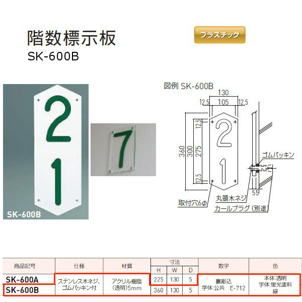 神栄ホームクリエイト 階数標示板 プラスチック製 H360×W130×D5mm 1桁数字/2桁数字 SK-600B 1枚