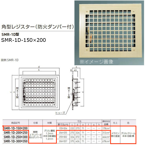 神栄ホームクリエイト 角型レジスター 防火ダンパー付 SMR-1D型 FE鋼板製 グリル/クリーム、本体/黒 SMR-1D-150×200 1個