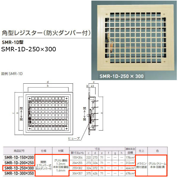 神栄ホームクリエイト 角型レジスター 防火ダンパー付 SMR-1D型 FE鋼板製 グリル/クリーム、本体/黒 SMR-1D-250×300 1個