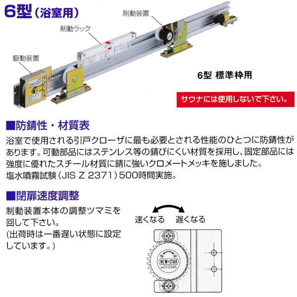 日本ドアチェック製造 ニュースター 引戸クローザ 型 浴室用 標準枠用 ストップなし 6型 3 ドア重量80kg以下 Abramsfinancial Ca