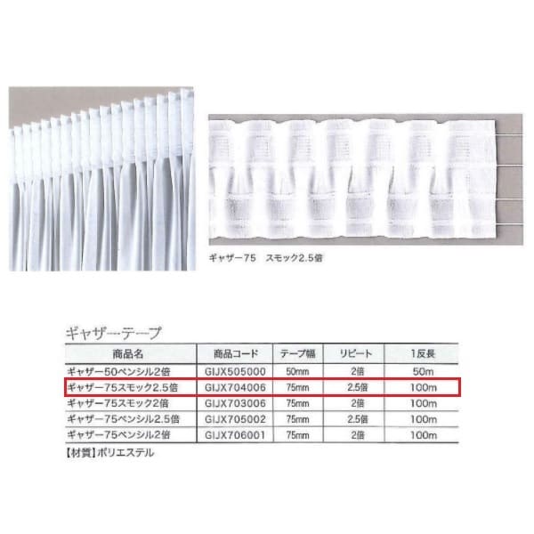 ユニテックパロマ ギャザー 75 スモーキングジャケット 2.5倍 GIJX704006 100m長 1反