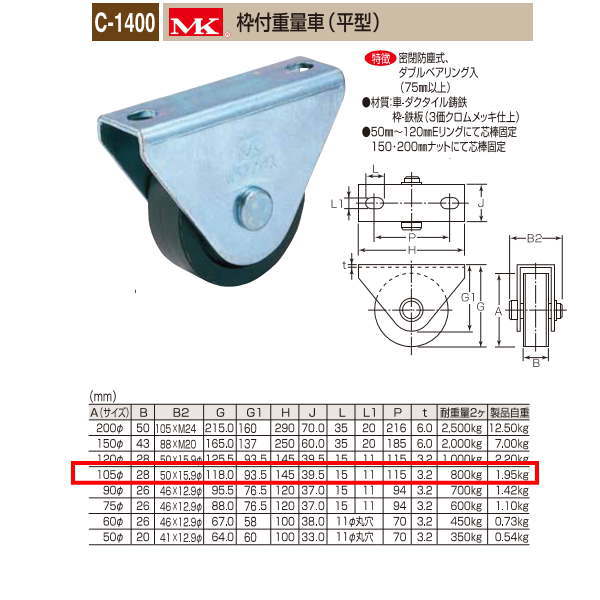 丸喜金属元素 MK 枠付掛け目車 平型 C-1400 100
