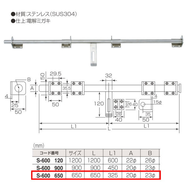 丸喜金属 ステンレス 強力丸棒貫抜（20Φ・22Φ） S-600 650 サイズ:650mm 仕上:電解ミガキ