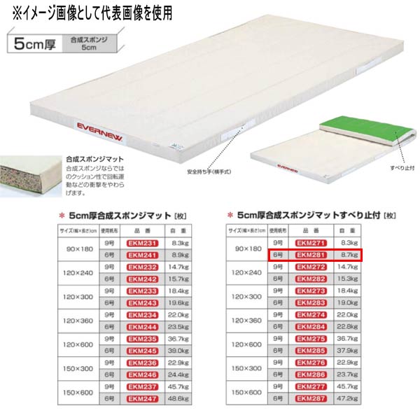 エバニュー 5cm厚合成スポンジマットすべり止付 EKM281 幅90×長180cm 6号帆布