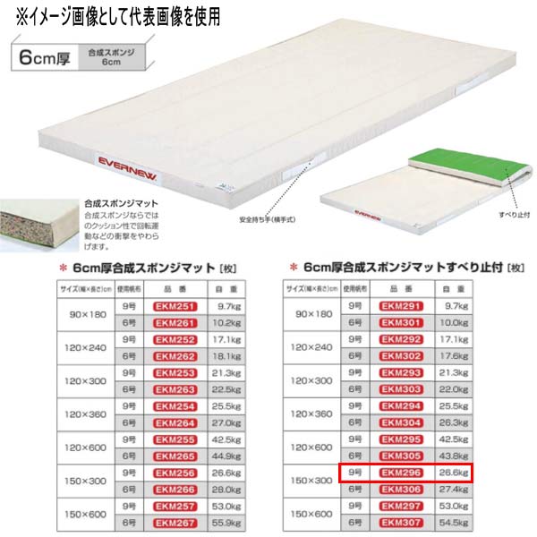 エバニュー 6cm厚合成スポンジマットすべり止付 EKM296 幅150×長300cm 9号帆布