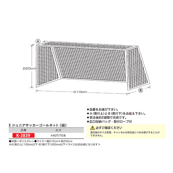 カネヤ 奥ふかさ大きさ別注行き先サイバー空間 ジュニアサッカーゴールネット（組） K-3839 幅510cm×高220珊