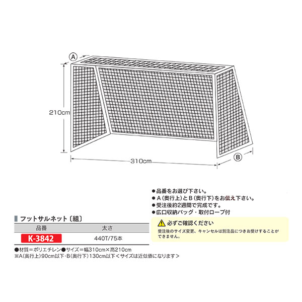 カネヤ 奥ふかさ大きさ別注行き先サイバー空間 フットサルネット（組） K-3842 幅310cm×高210珊