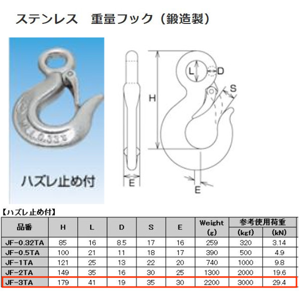水本機械 ステンレス 重量フック(鍛造製) ハズレ止め付 JF-3TA|イーヅカ