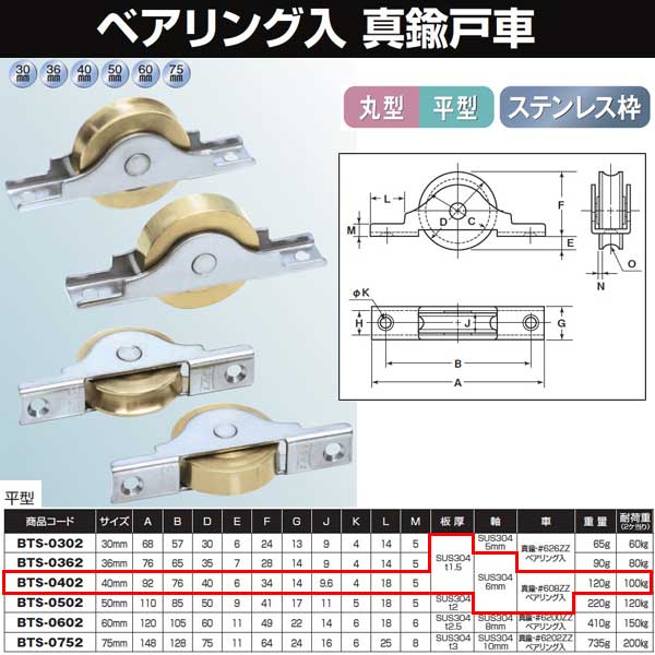 ヨコヅナ 真鍮戸車 ステン枠 ベアリング入 40 平 BTS-0402